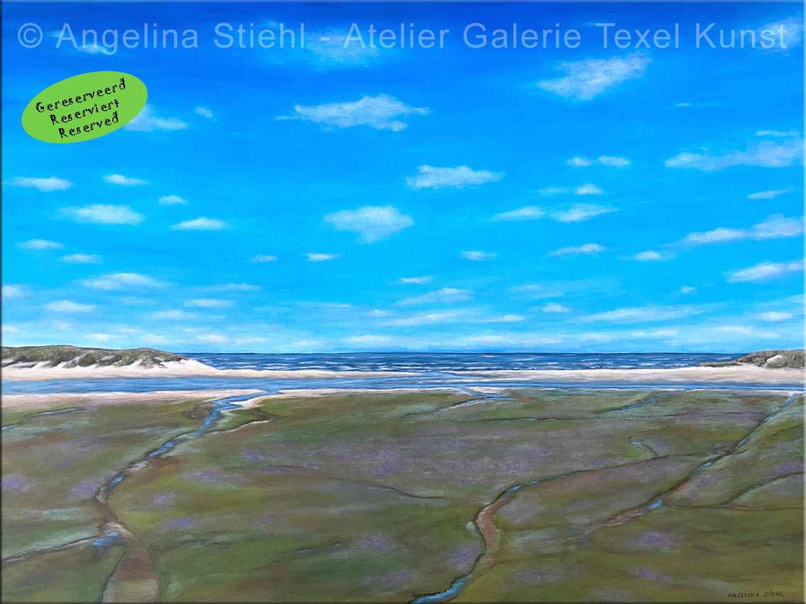 Schilderij Hoornder Kerkje Texel in de winter met sneeuw door Texels beeldend kunstenaar Angelina Stiehl