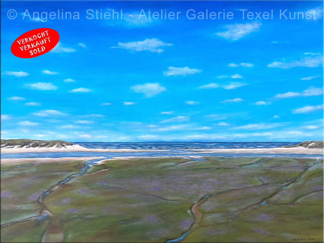 Schilderij Hoornder Kerkje Texel in de winter met sneeuw door Texels beeldend kunstenaar Angelina Stiehl