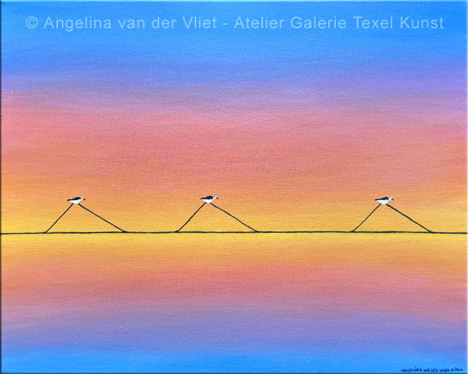 Schilderij Drieteen Strandlopers op Texel door Texels beeldend kunstenaar Angelina Stiehl