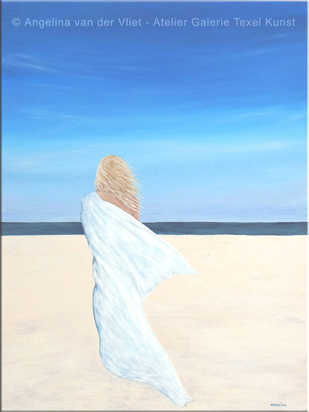 Schilderij genieten op het Texelse strand door Texels beeldend kunstenaar Angelina Stiehl