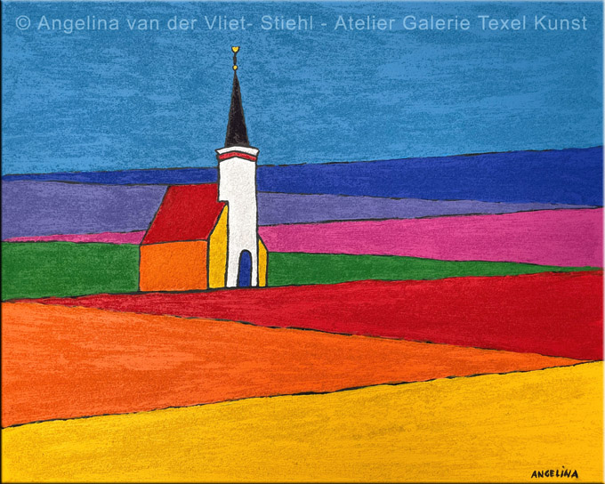 Schilderij van Texel Hoornder Kerkje Kleurrijk door Angelina Stiehl