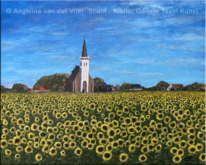 Schilderij Hoornder Kerkje Texel met Zonnebloemenveld door Angelina Stiehl