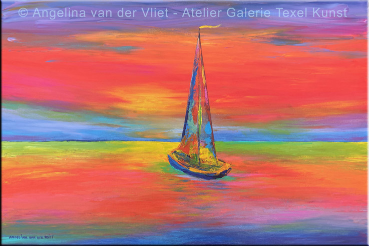 Schilderij kleurrijke boot op zee Texel door Texels beeldend kunstenaar Angelina van der Vliet - Stiehl