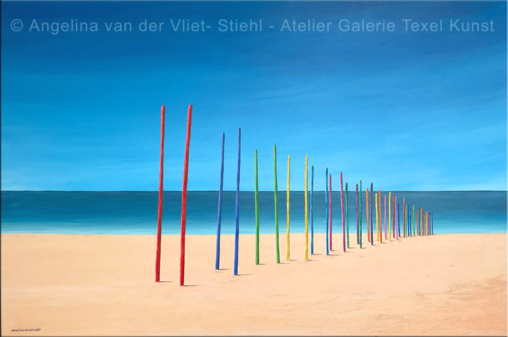 Schilderij Kleurrijke Steiger van Sil Texel door Texels beeldend kunstenaar Angelina Stiehl