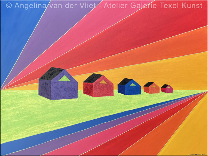 Schilderij Kleurrijke Strandhuisjes Texel door Texels beeldend kunstenaar Angelina Stiehl