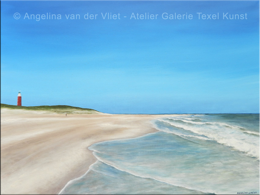 Schilderij Vuurtoren naar Paal 33 strand door Texels beeldend kunstenares Angelina van der Vliet - Stiehl