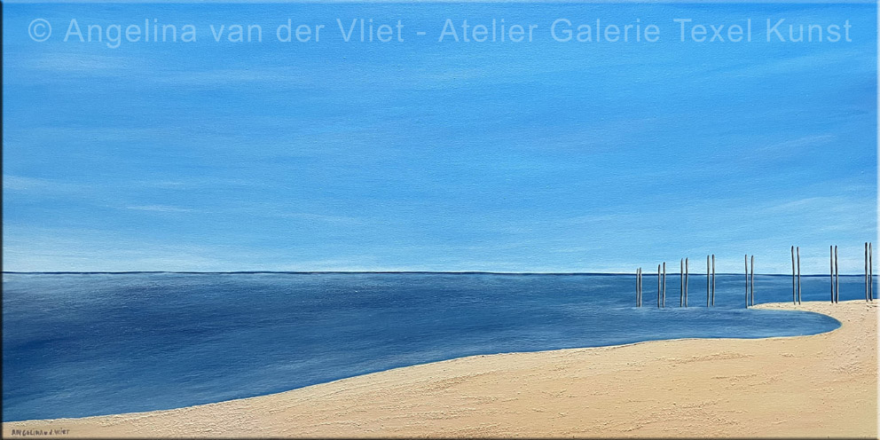 Schilderij Paal 33 strand Texel door Texels beeldend kunstenaar Angelina Stiehl