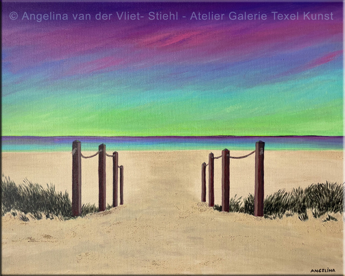 Schilderij Strandopgang Kaap Noord met Noorderlicht op Texel door Texels beeldend kunstenaar Angelina Stiehl