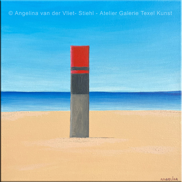 Schilderij Strandpaal Texel door Texels beeldend kunstenaar Angelina Stiehl
