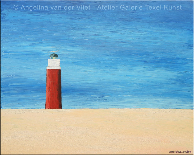 Schilderij Vuurtoren Texel Strand geschilderd met paletmes door Texels beeldend kunstenaar Angelina Stiehl