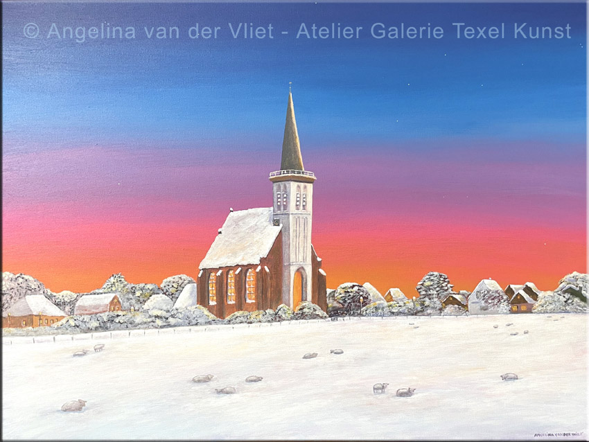 Schilderij Hoornder Kerkje Texel in de winter met sneeuw door Texels beeldend kunstenaar Angelina Stiehl