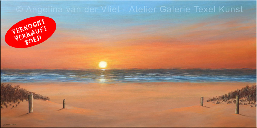 Schilderij Zonsondergang Duinen Strand Texel door Texels beeldend kunstenares Angelina van der Vliet - Stiehl