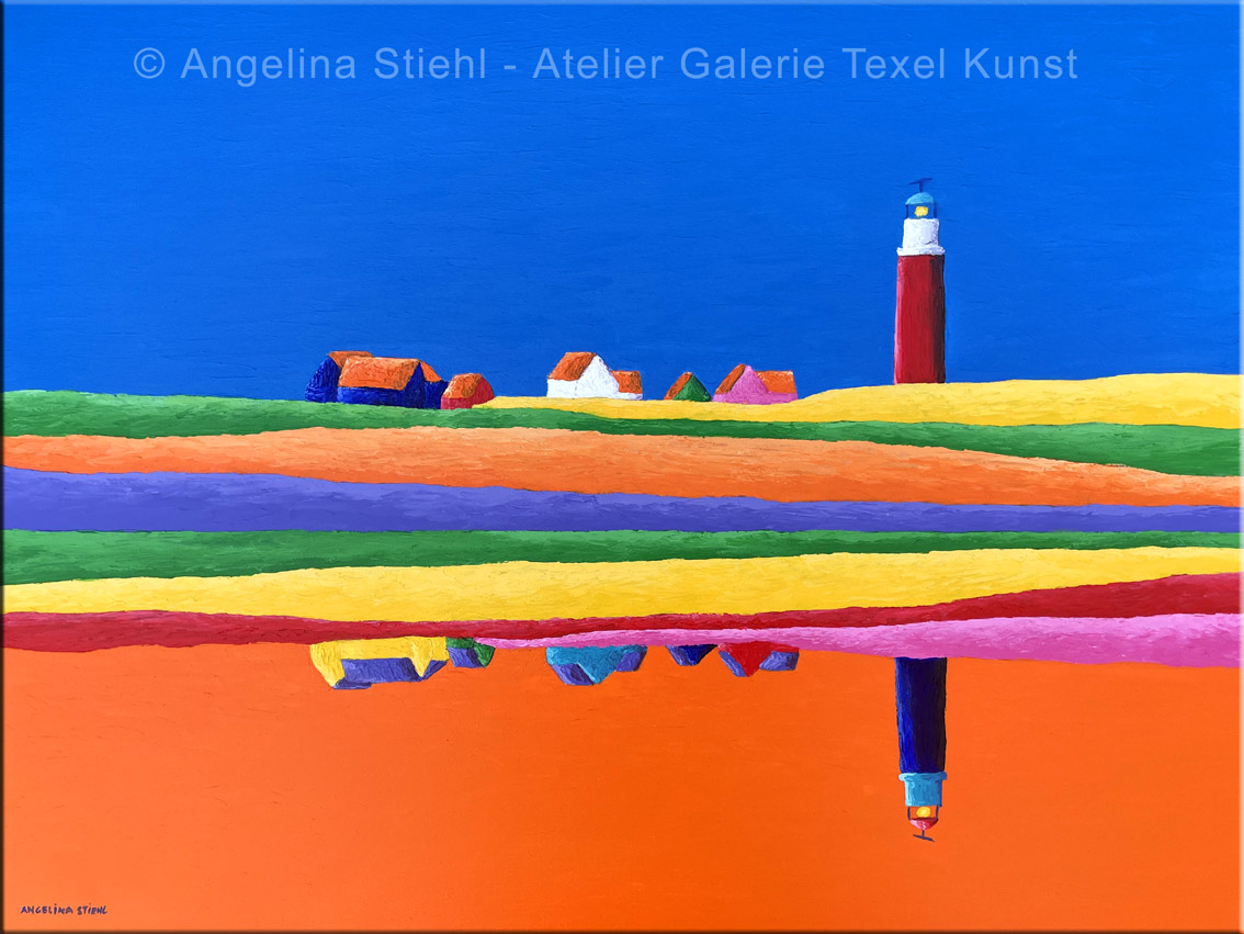 Schilderij Kleurrijke Vuurtoren van Texel door Texels beeldend kunstenaar Stiehl Schilderij Kleurrijke Vuurtoren van Texel door Texels beeldend kunstenaar Angelina Stiehl